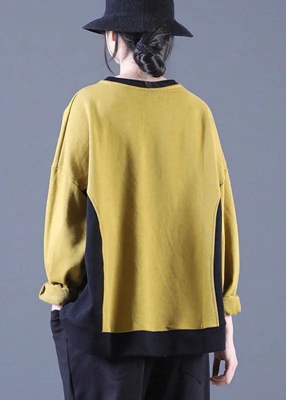 Yellow O-neck Patchwork Loose Fall Pullover Street Wear