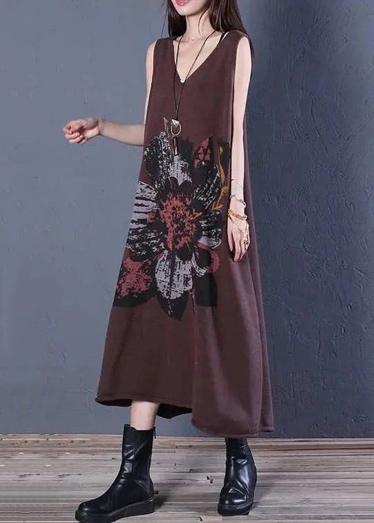 Coffee V Neck Print Cotton Knit Long Dress Sleeveless