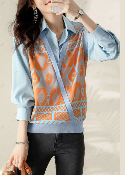 Unique Blue Peterpan Collar Print Vest Tops