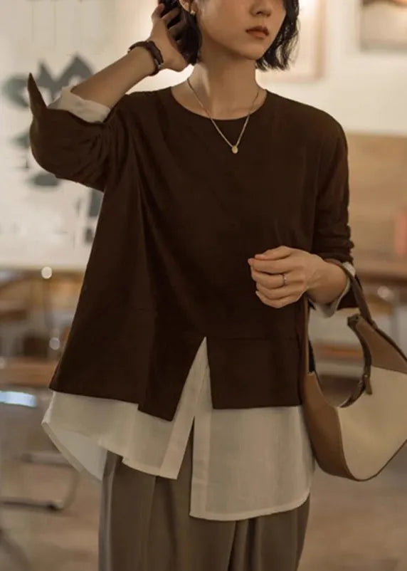 Loose Black O-neck False Two Pieces Cotton T Shirt Long Sleeve