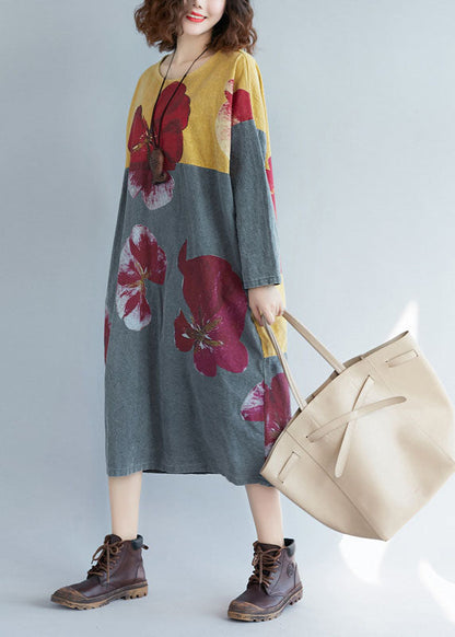 Modern Colorblock O-neck Oversized Patchwork Print Cotton Long Dress Spring