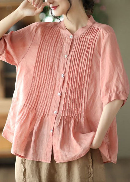 Pink Stand Collar Wrinkled Patchwork Linen Shirt Tops Summer