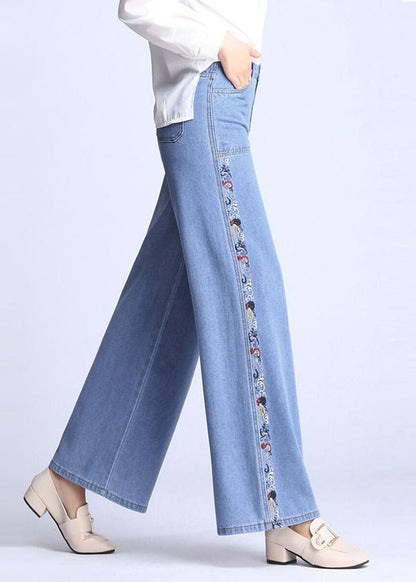 Natural Light Blue Embroideried Pockets Draping Cotton Straight Pants Spring