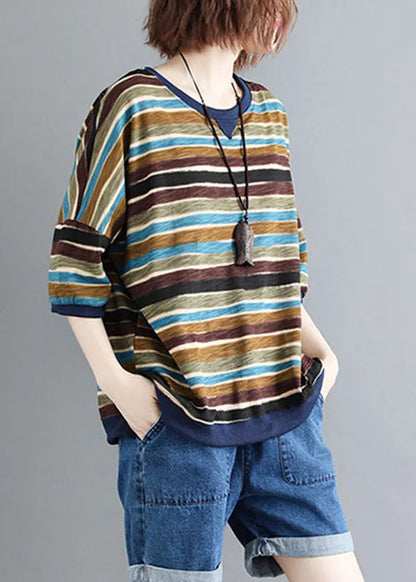 Colorblock O Neck Striped Patchwork Cotton Tops Summer