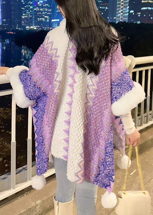 Purple V Neck Fuzzy Ball Patchwork Knit Cape Coats Spring
