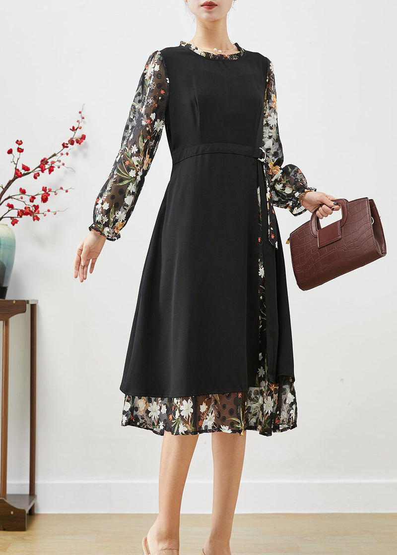 Classy Black Cinched Patchwork Silk Fake Two Piece Dress Spring