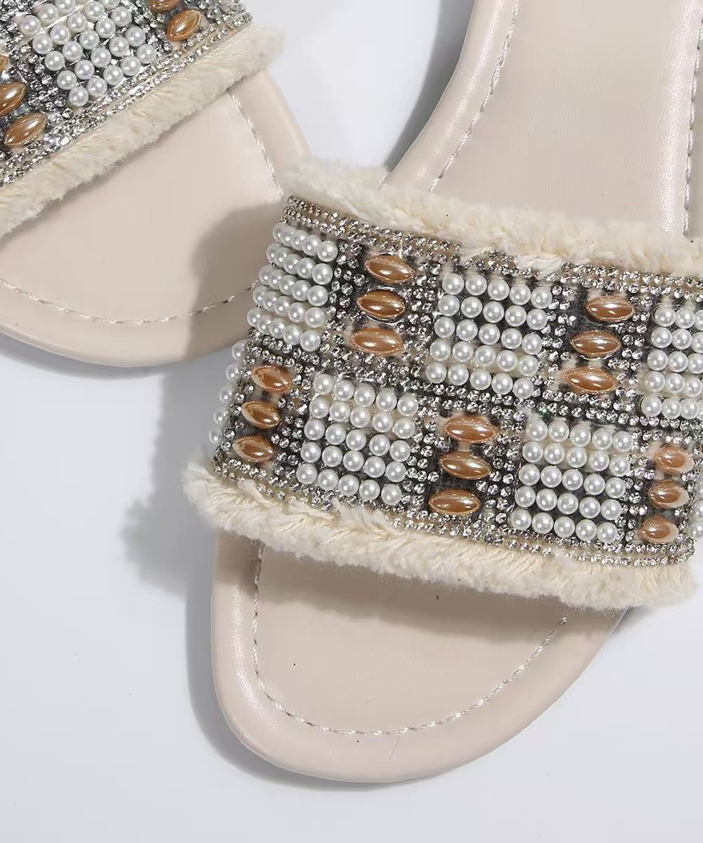 Nail Bead Splicing White Faux Leather Slide Sandals