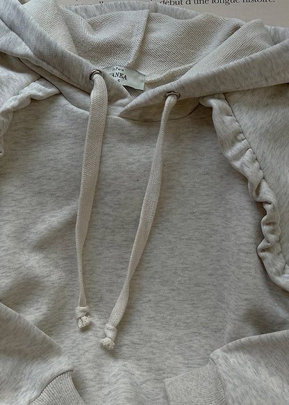 Stylish Grey Hooded Ruffled Cotton Sweatshirt Spring