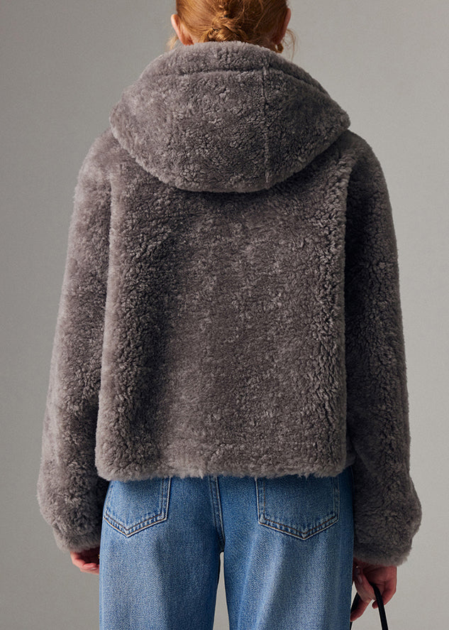 Grey Zippered Drawstring Faux Fur Hooded Coat Lantern Sleeve