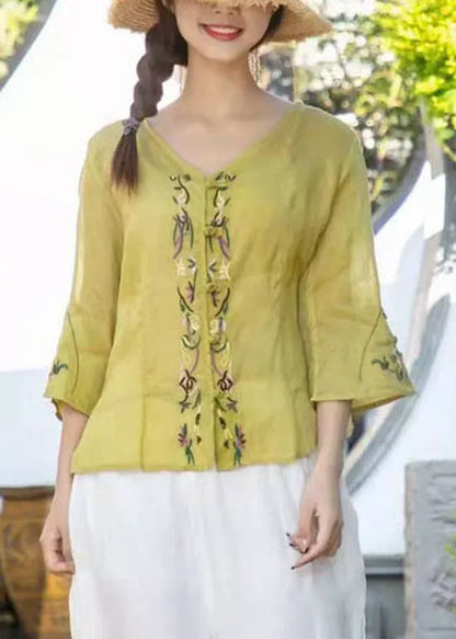 Pink Button Linen Shirt Tops Three Quarter Sleeve
