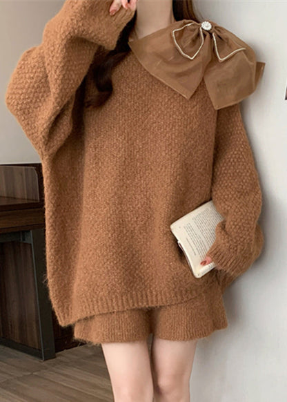 Caramel Bow Patchwork Cotton Knit Sweaters and Skirts Two Pieces Set Lantern Sleeve