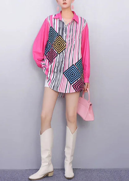 Modern Style Vibrant Striped Geometric Print Shirt Fall