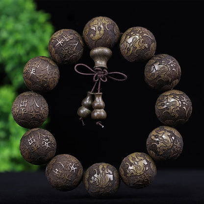 Buddha Stones Chinese Zodiac Rosewood Ebony Copper Coin Pixiu Carved Warmth Bracelet