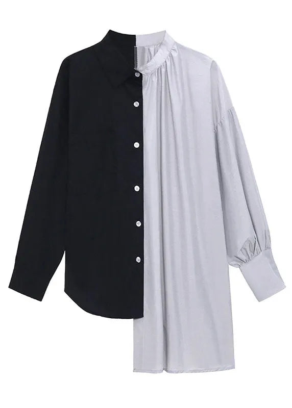 Black Patchwork Button Asymmetrical Design Fall Long Sleeve Shirt Top