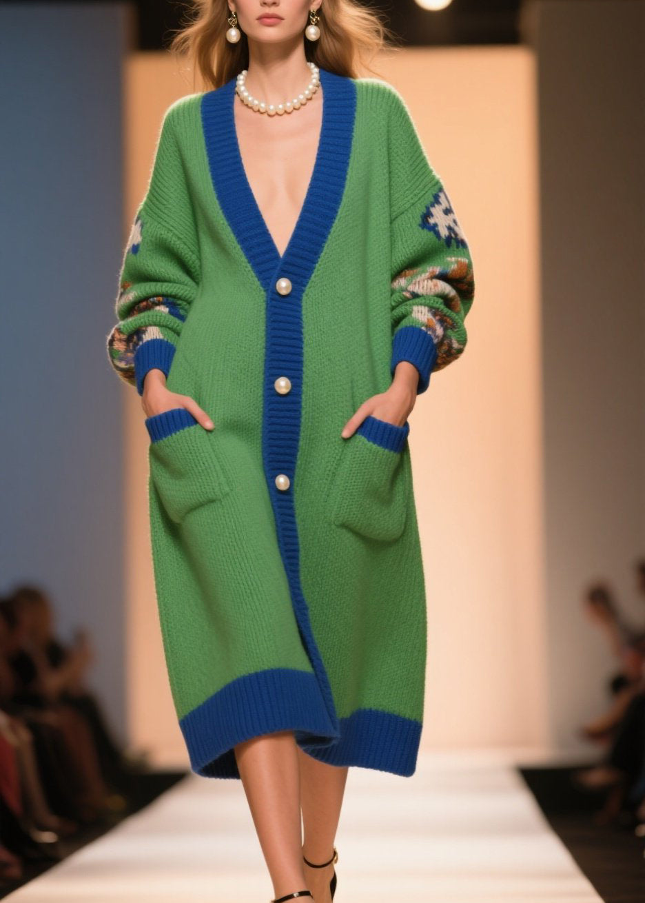 Green V Neck Print Button Knit Loose Coat Winter