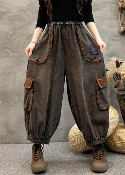 Black Pockets Elastic Waist Patchwork Denim Harem Pants Spring
