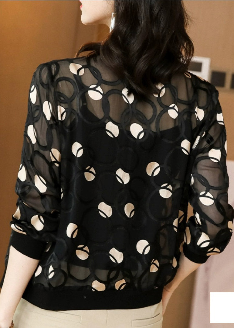 Black V Neck Print Zippered Silk Upf 50+ Coat Long Sleeve