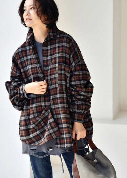 Stylish Black Chocolate Plaid Peter Pan Collar Low High Design Cotton Shirt Long Sleeve