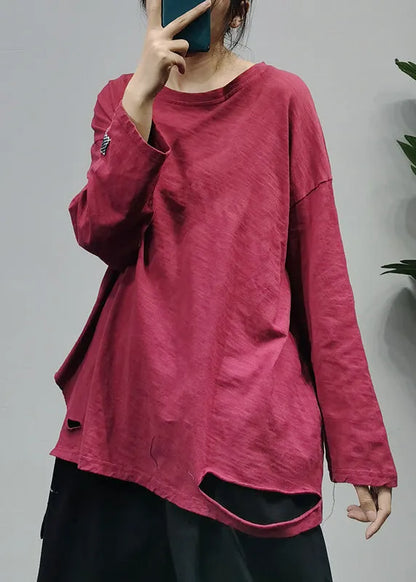 Modern White O-neck Hole Patchwork Cotton Top Long Sleeve
