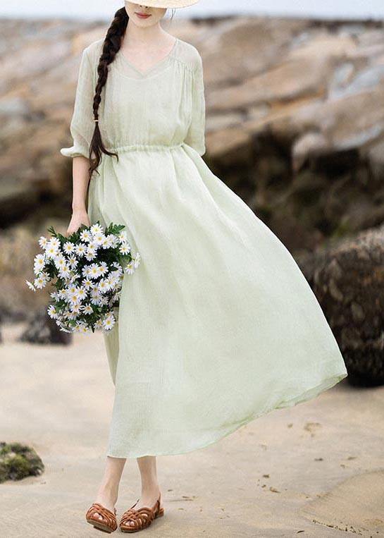 Organic Light Green V Neck Pockets Ankle Summer Linen Dress