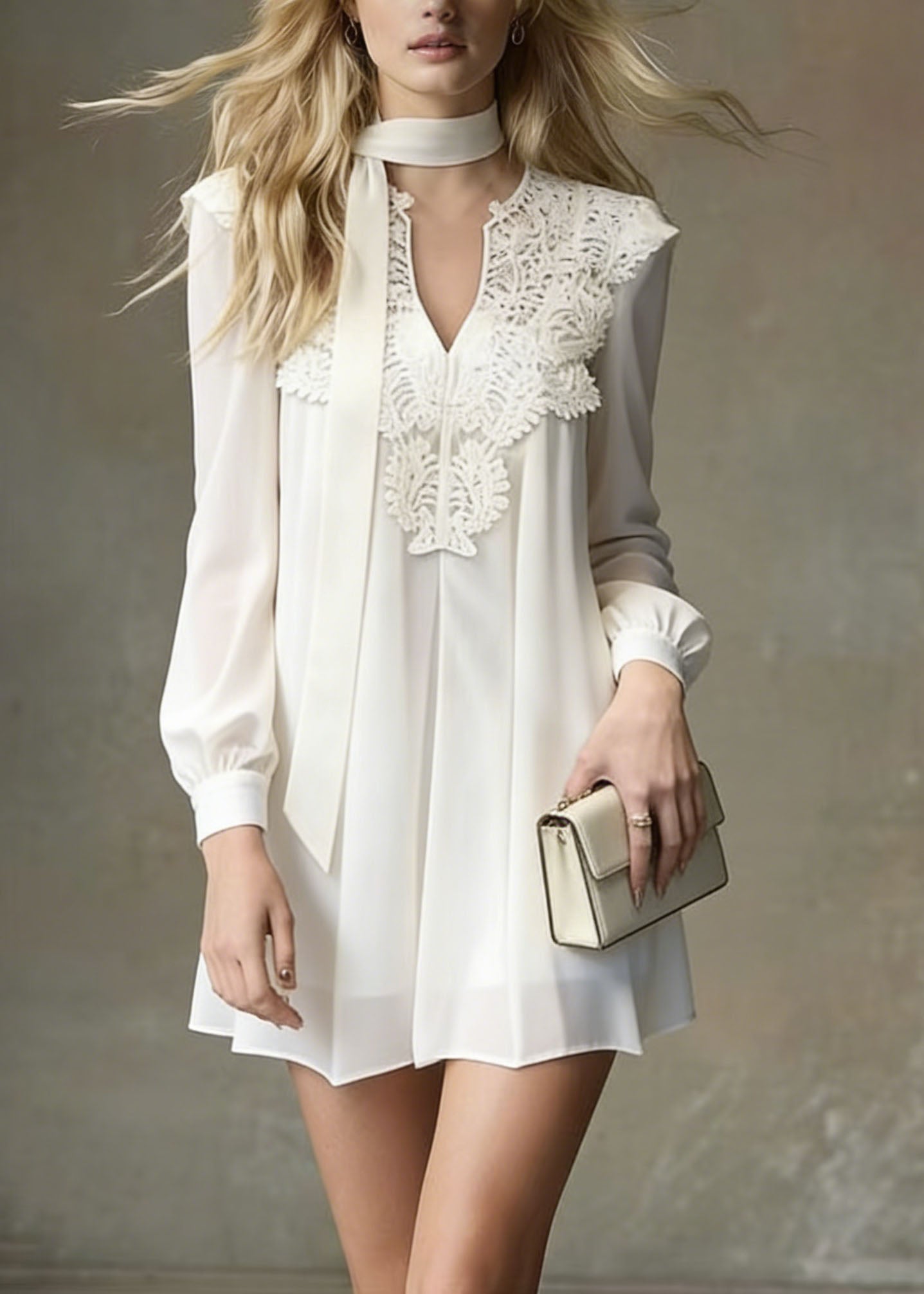 Italian White Lace Patchwork Chiffon Mini Dress Spring