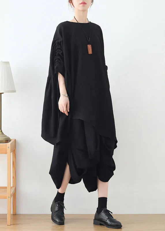 Black Loose Cotton Pullover Tops Asymmetrical Design Long Sleeve