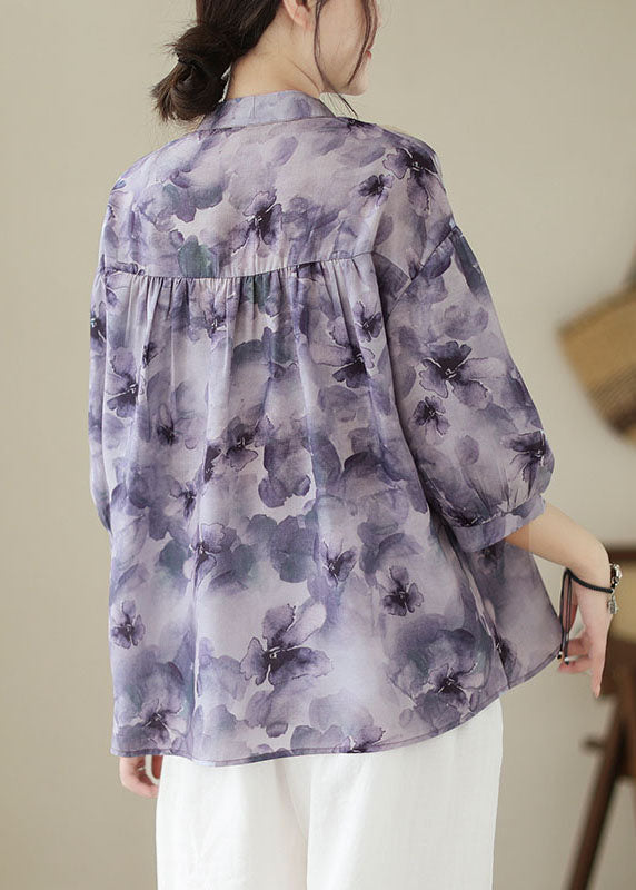 Purple Stand Collar Print Patchwork Cotton Shirt Tops Summer