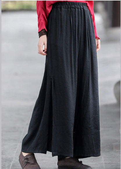 Black Elastic Waist Side Open Double-deck Linen Wide Leg Pants Summer