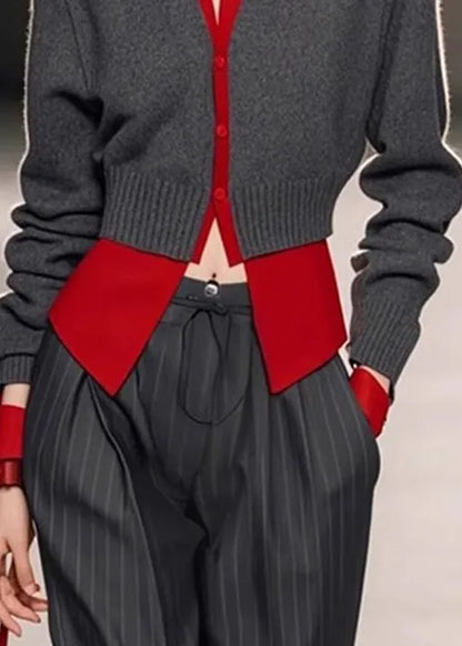 Art Grey V Neck Patchwork False Knit Two Pieces Sweater Spring