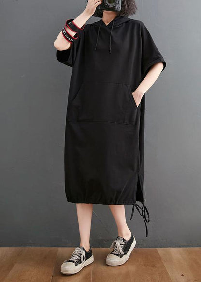 Black Hooded Pockets Mid Summer Cotton Dress