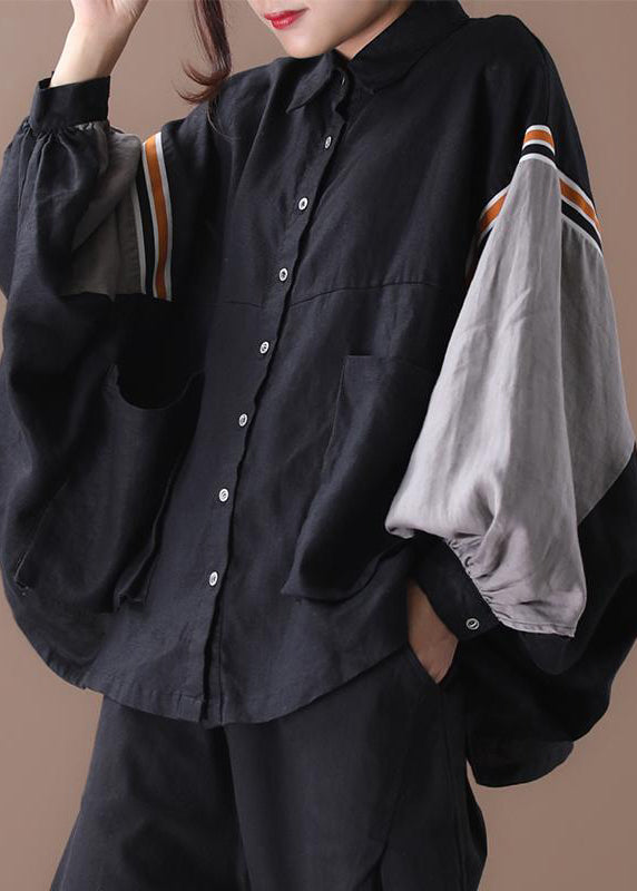 Black Button Pockets Patchwork Cotton Shirt Batwing Sleeve