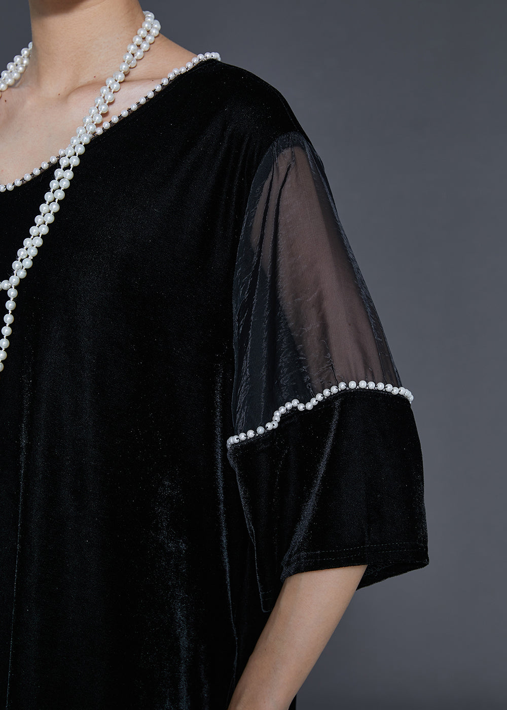 Black Oversized Patchwork Nail Bead Silk Velour Dress Spring