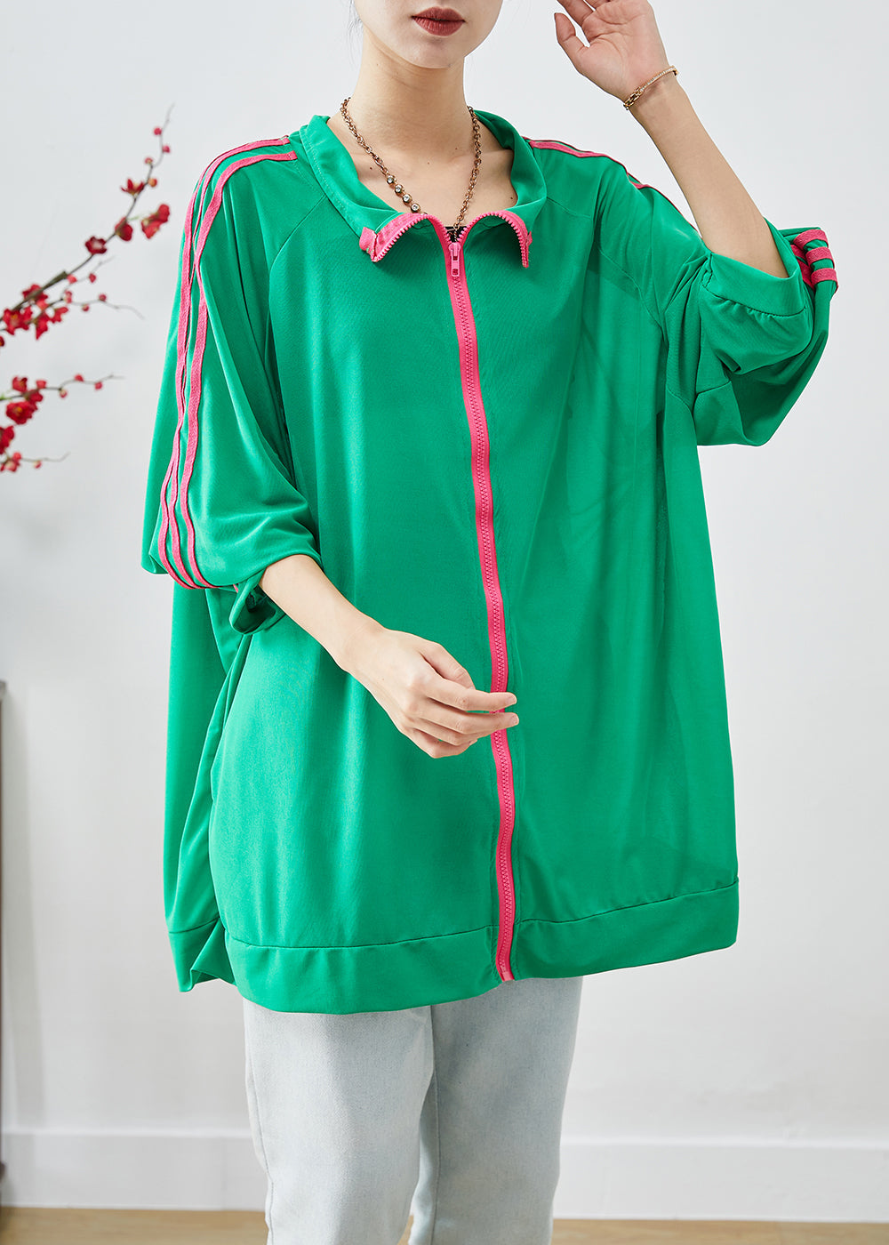 Green Oversized Zippered Spandex Sweatshirt Coats Fall