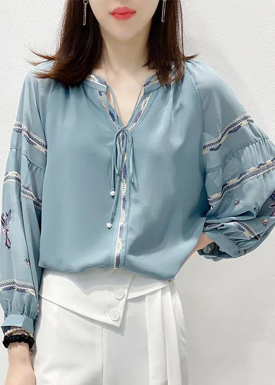 Blue Embroideried V Neck Chiffon Shirt Top Three Quarter Sleeve