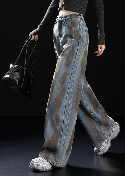 Navy Oversized Painting Warm Fleece Denim Pants Spring