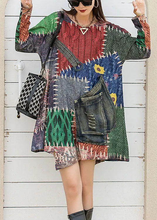 O-neck Knit Print Asymmetrical Design Fall Long Sleeve Top