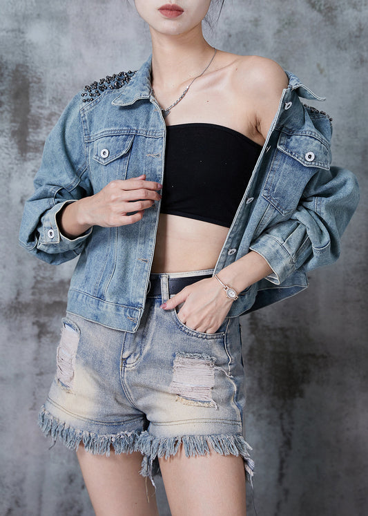 Blue Oversized Nail Bead Denim Jacket Fall