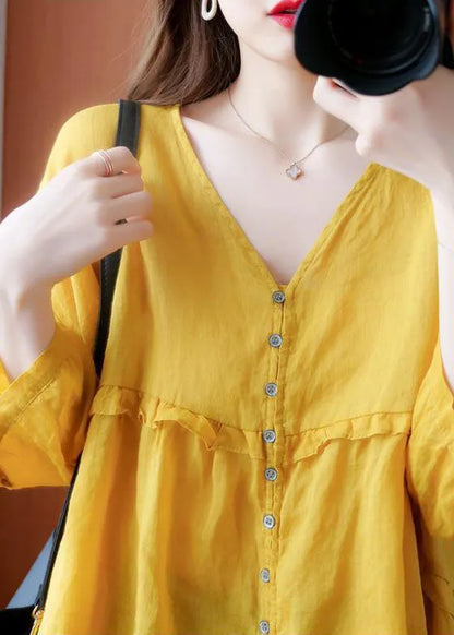 Art Yellow V Neck Button Ruffled Asymmetrical Design Fall Half Sleeve Shirt Top