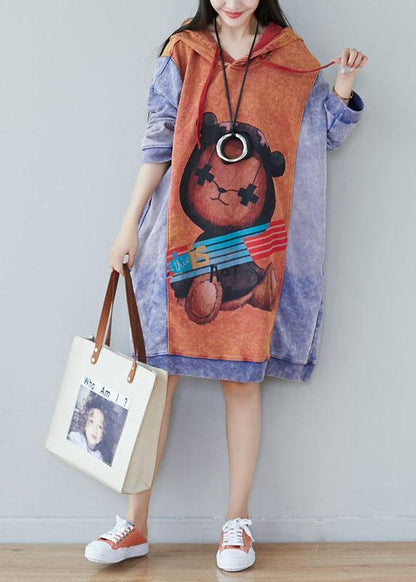 Style Orange Hooded Print Drawstring Fall Sweatshirts Dress