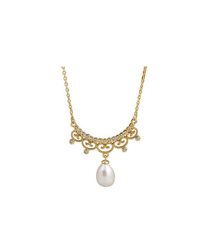 Gold Alloy Zircon Leace Pearl Pendant Necklace