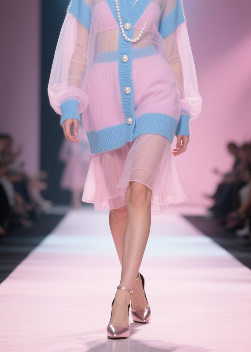 Original Design Colorblock O Neck Tulle Patchwork Knit Dress Fall