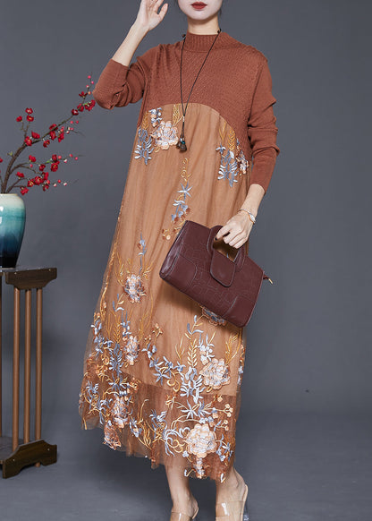 Fine Khaki Embroideried Patchwork Knit Dress Fall