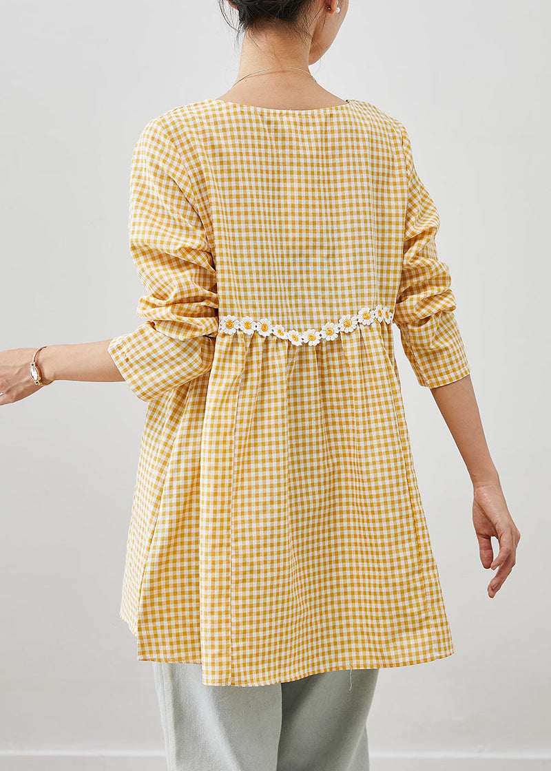 Yellow Plaid Patchwork Daisy Cotton Blouses Fall