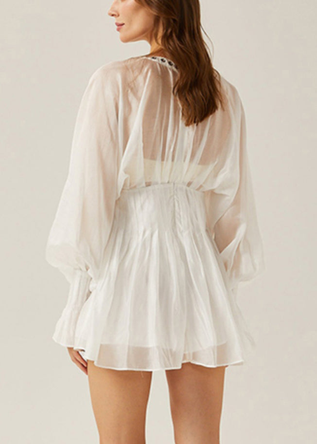 White Lace Up Hollow Out Thin Cotton Blouses Butterfly Sleeve