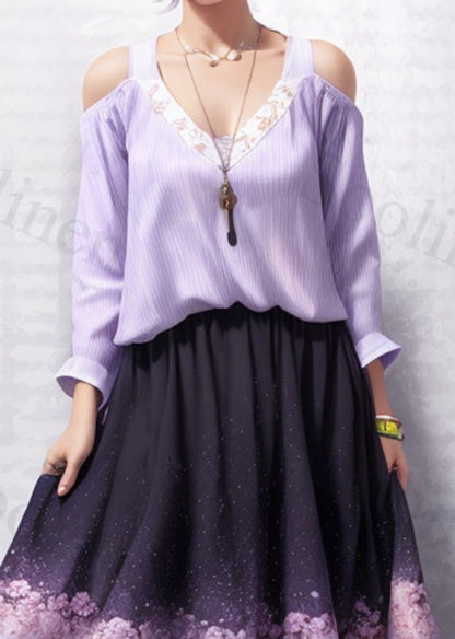 Diy Purple Cold Shoulder Print Silk Holiday Dress Summer
