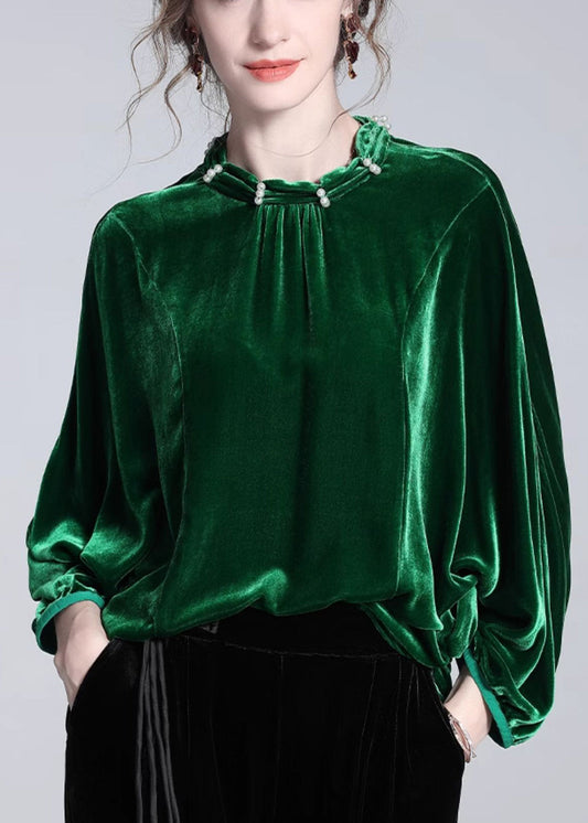 Loose Green Nail Bead Silk Velour Blouse Batwing Sleeve
