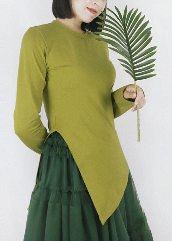 Slim Fit Green Color O-neck Asymmetrical Design Cotton Top Long Sleeve