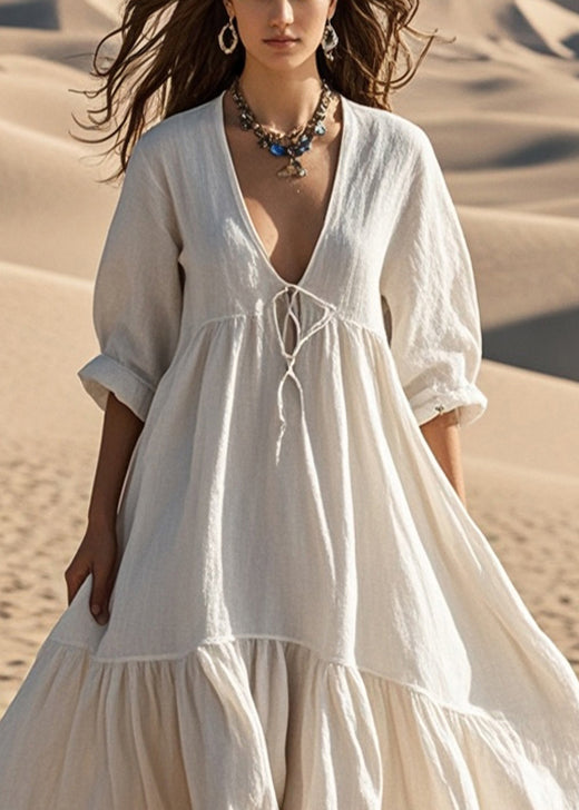 White Oversized Lace Up Cotton Robe Dresses Fall