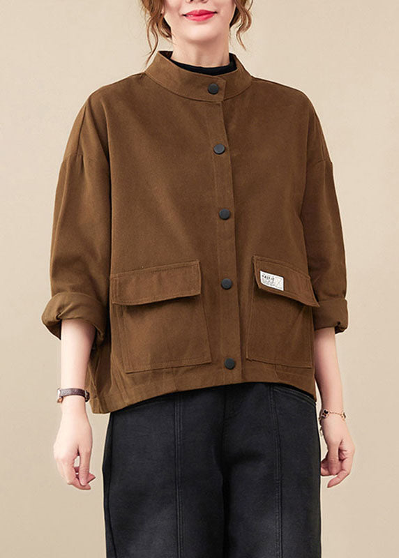 Coffee Pockets Patchwork Button Coats Fall