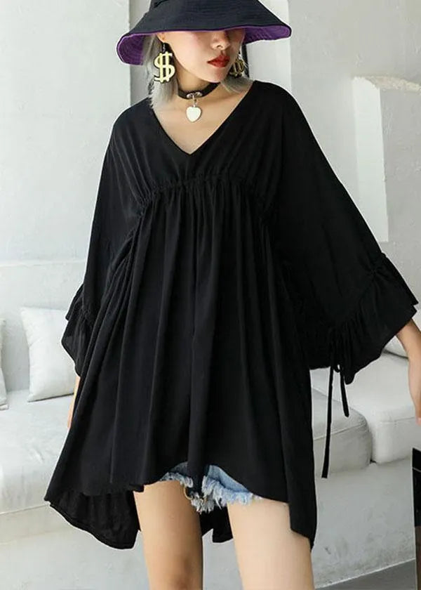 Black V Neck Cinched Low High Design Top